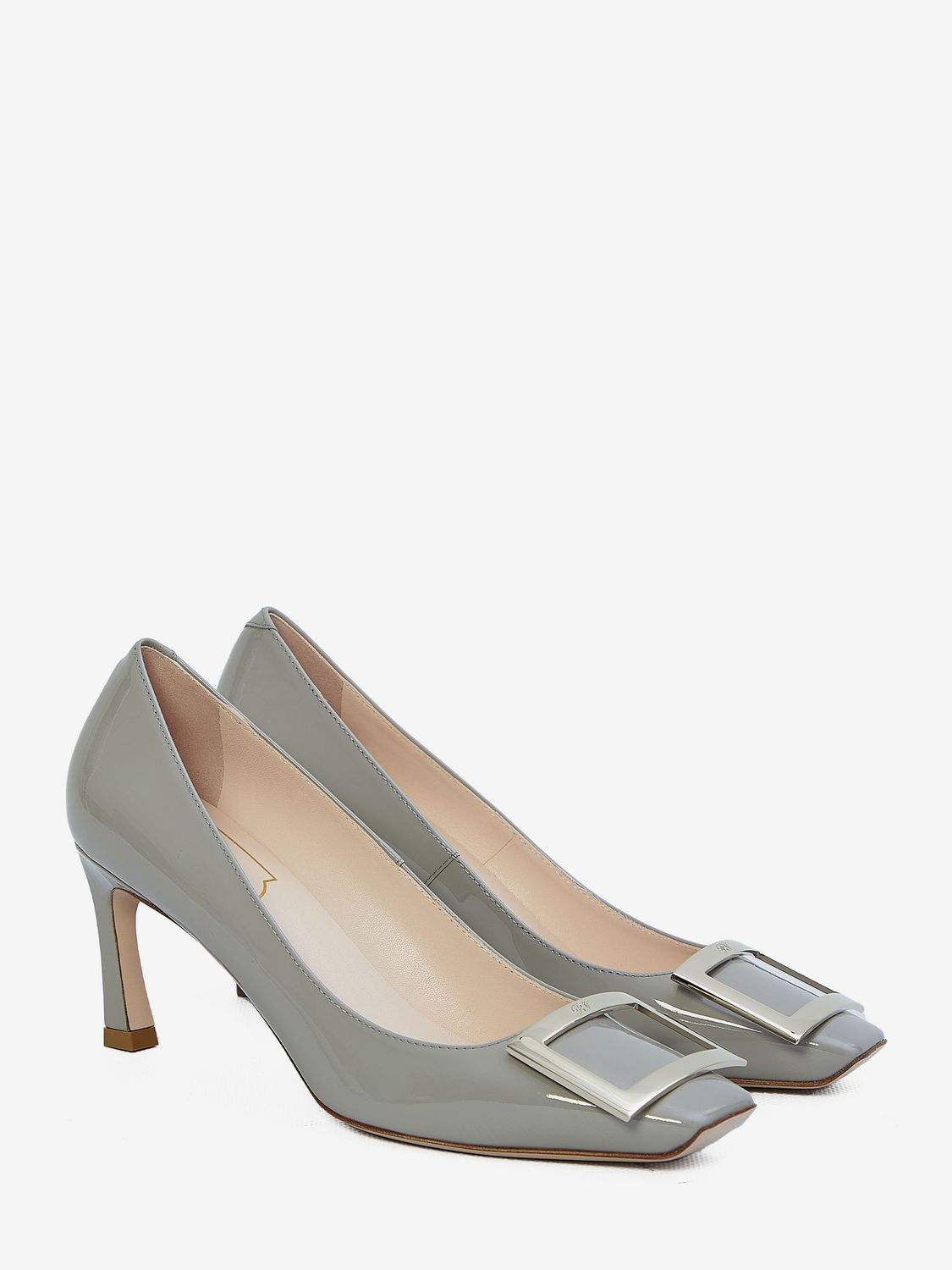 ROGER VIVIER Elegant Grey Patent Leather Pumps with Signature Buckle, 7cm Heel