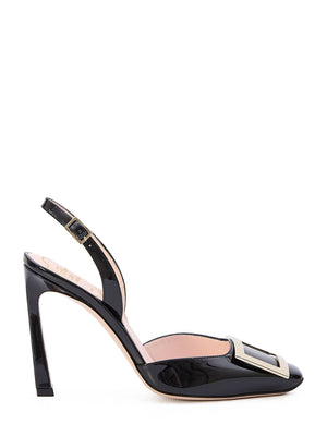 ROGER VIVIER Black Patent Leather Slingback Pumps with Square Buckle