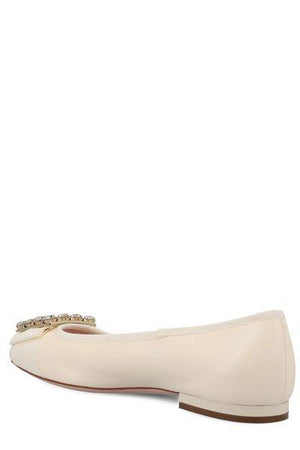 ROGER VIVIER Elegant Cream Leather Ballerinas with Ribbon Inserts and Crystal Buckle for Women