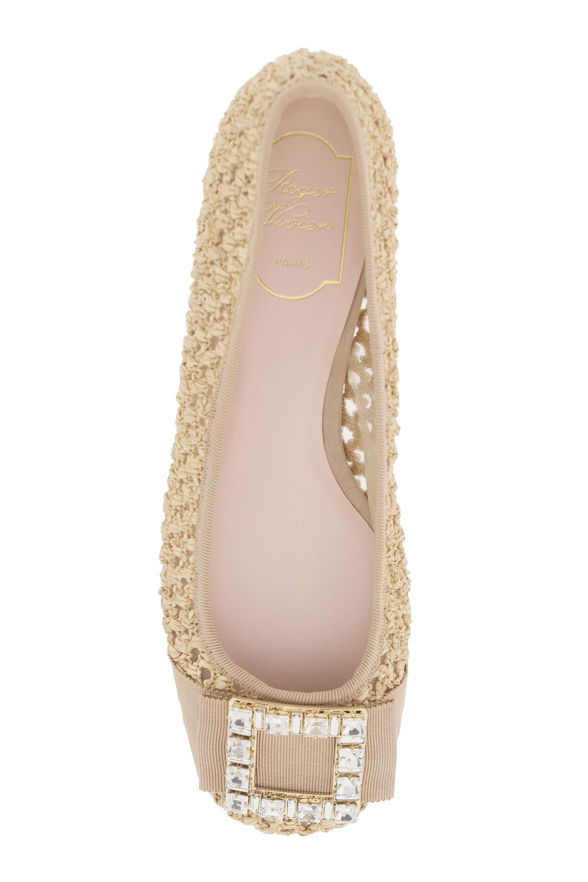 ROGER VIVIER Tan Tres Vivier Ballerinas with Crystal Buckle and Fabric Ribbon