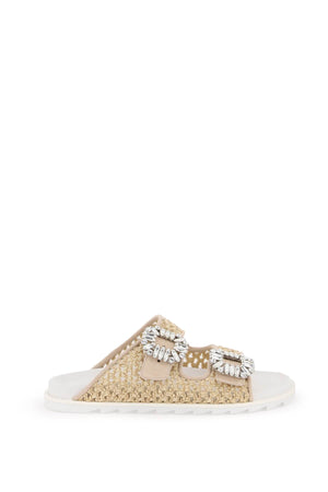 ROGER VIVIER Tan Flat with Raffia and Crystal Buckles for Women
