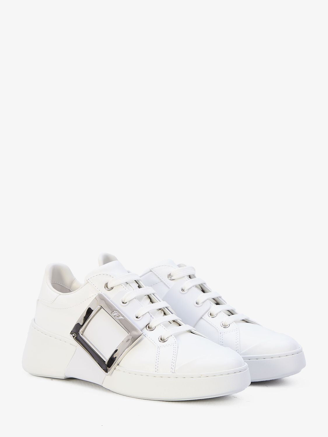 ROGER VIVIER White Leather Sneakers with Square Metal Buckle for Women