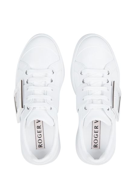 ROGER VIVIER Chic White Leather Sneakers with Metallic Square Buckle