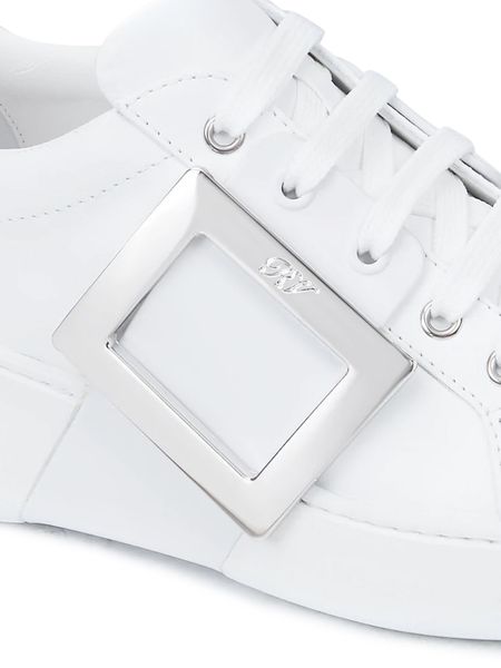 ROGER VIVIER Chic White Leather Sneakers with Metallic Square Buckle