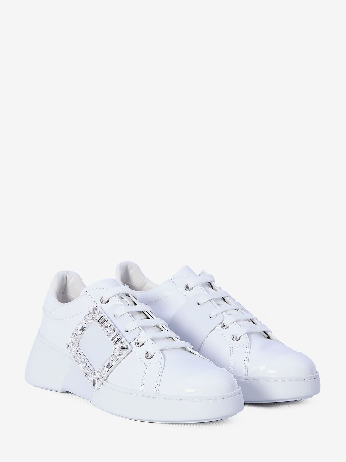 ROGER VIVIER Elegant White Leather Sneakers with Crystal Buckle