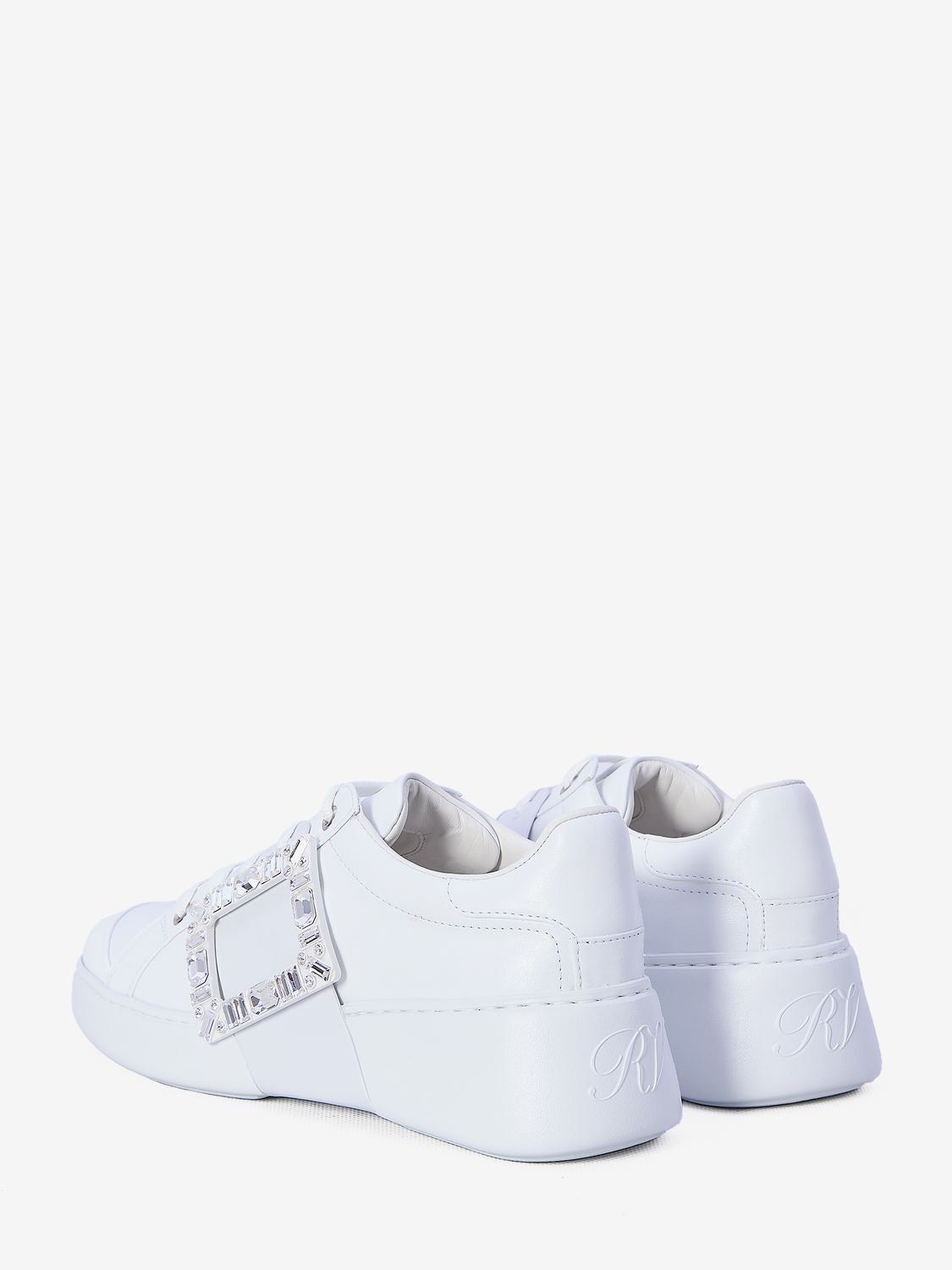 ROGER VIVIER Elegant White Leather Sneakers with Crystal Buckle