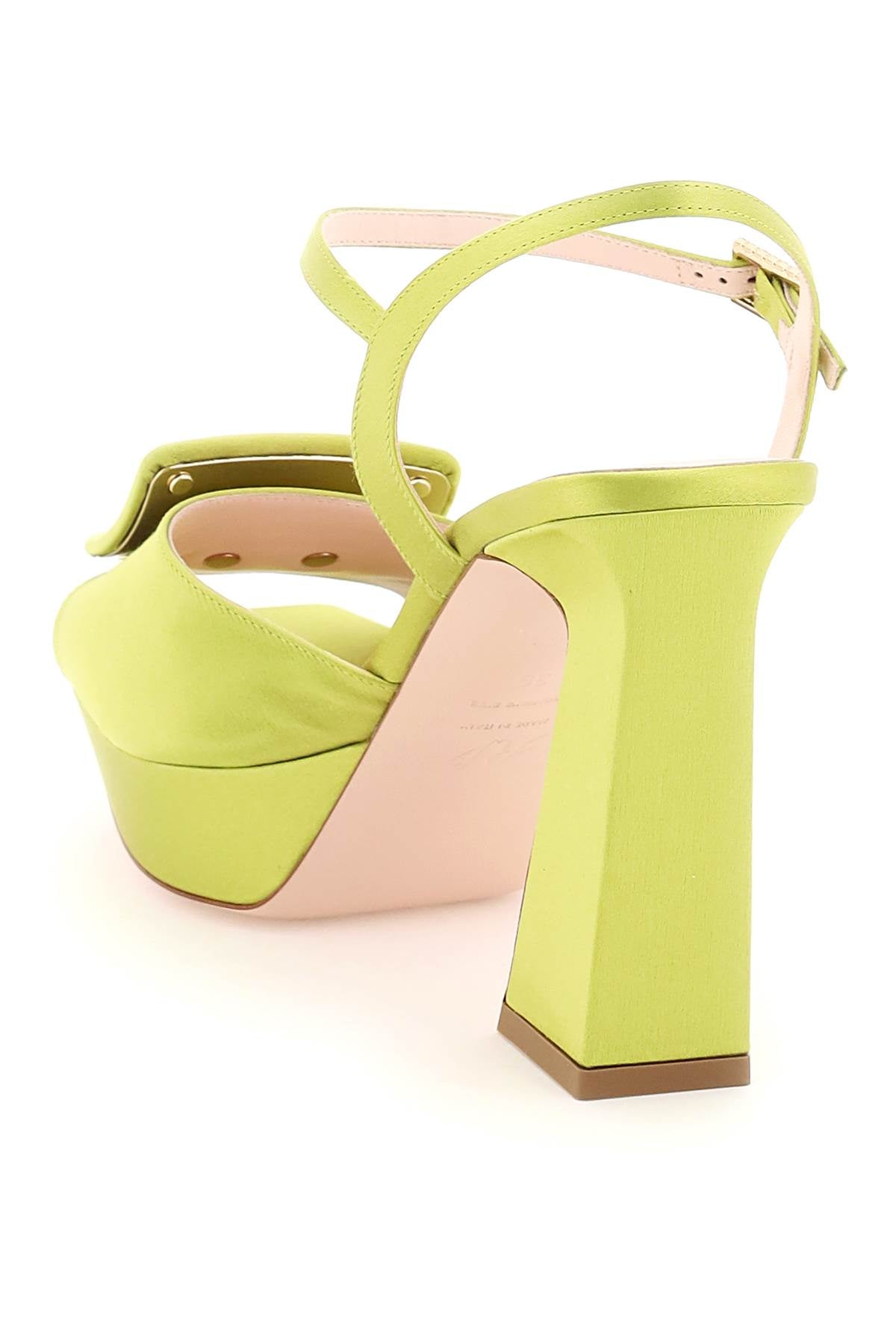 ROGER VIVIER Green Satin Sandals for Women - Square Toe, Rhinestone Buckle Ankle Strap