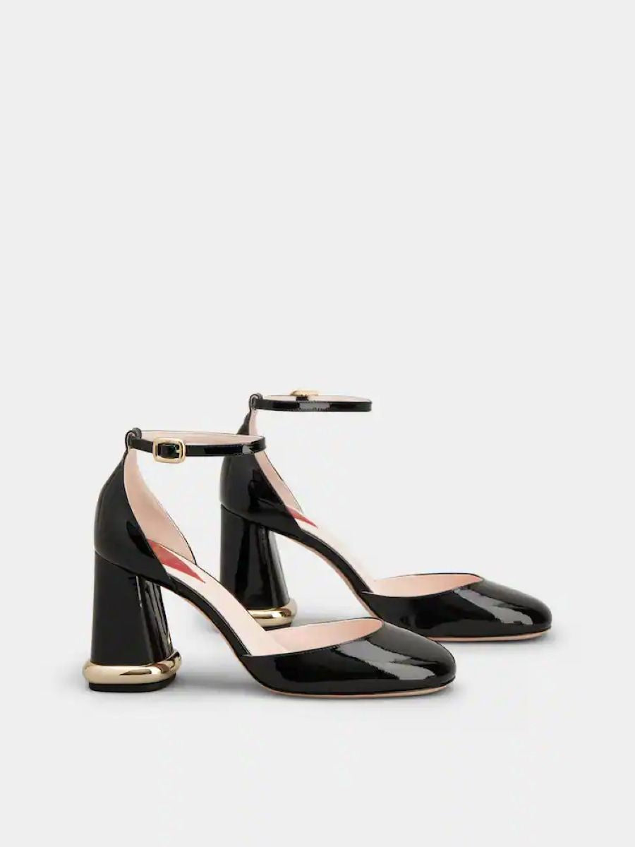 ROGER VIVIER Elegant Black Patent Leather Ankle Strap Pumps