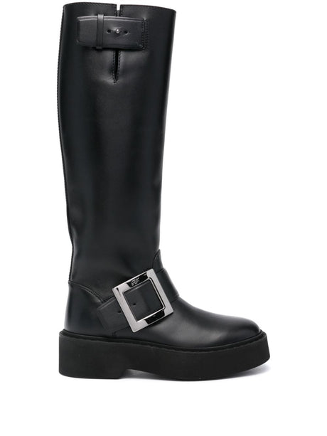 ROGER VIVIER High Leather Knee-Length Boots with Adjustable Side Strap