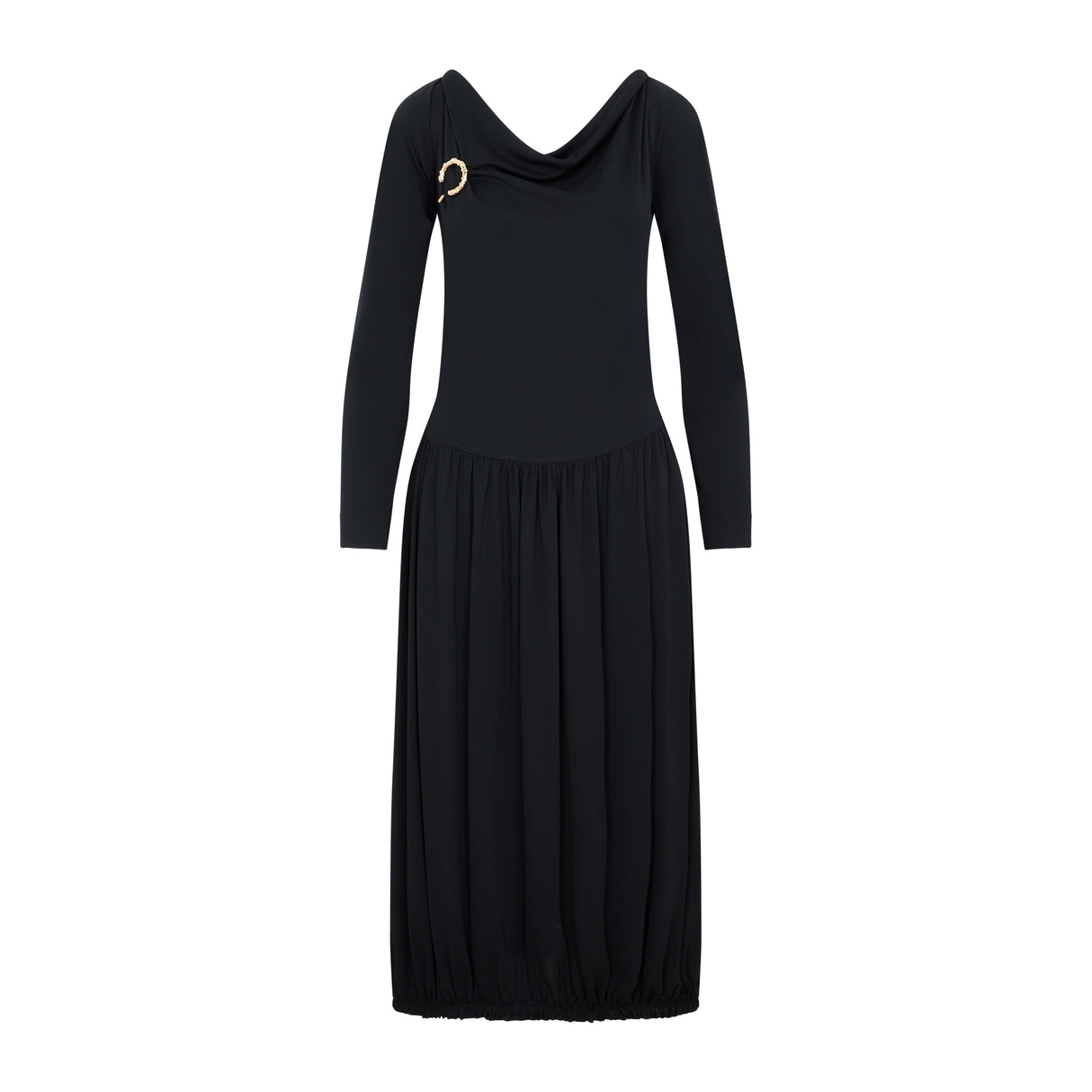 LANVIN Black LS Drape Midi Dress for Women - SS23 Collection