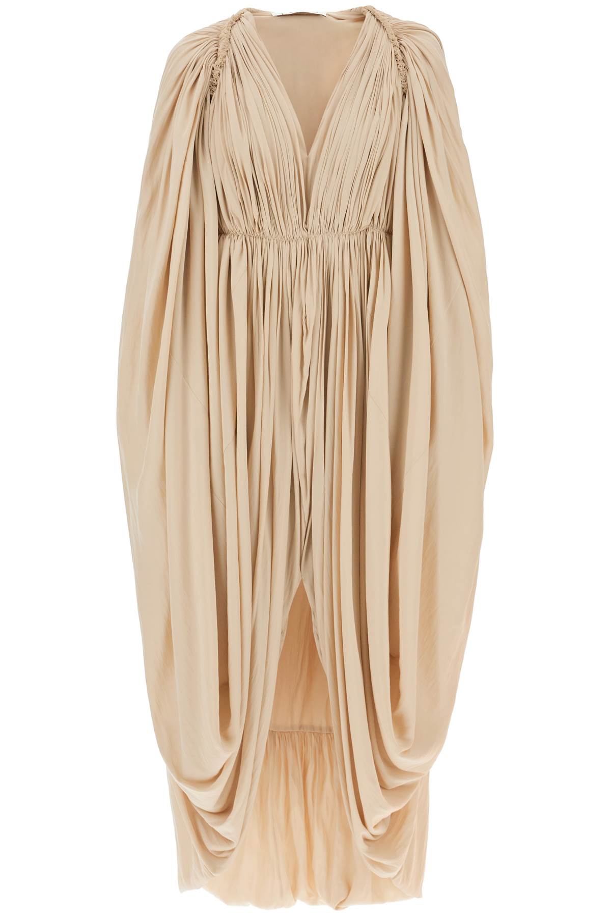 LANVIN Beige Charmeuse Maxi Dress with Draped Construction and Balloon Sleeves