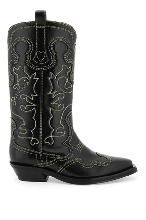 GANNI Embroidered Western Boots - Women's 100% Calf Leather Shoes in Mixed Colours