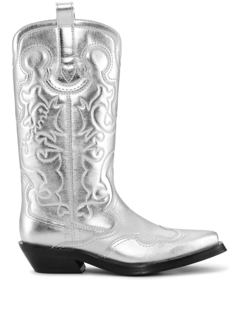 GANNI Silver Western Boots for Women with Metallic Sheen and Embroidered Motif