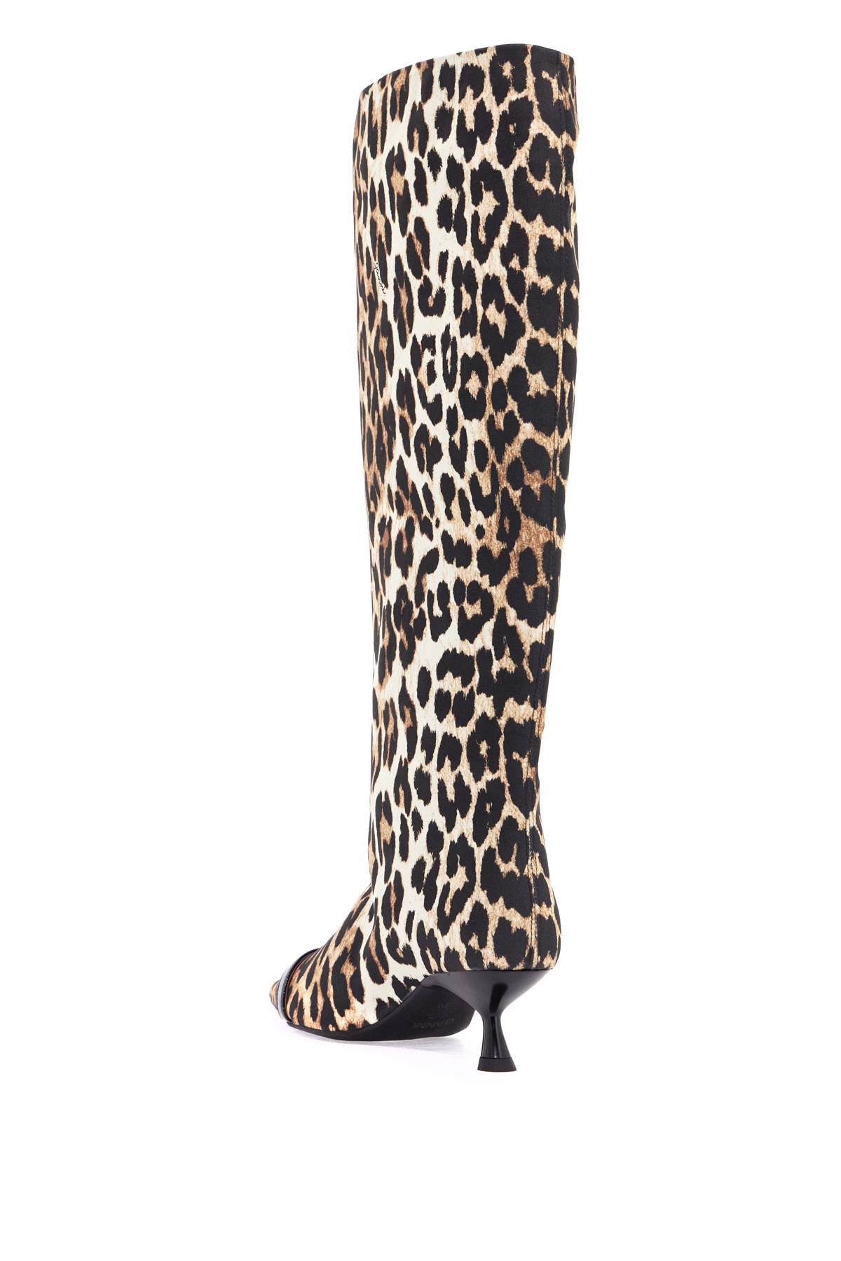 GANNI Pointed Animal Print Fabric Boots with Decorative Buckle