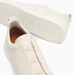 ZEGNA Beige Leather Triple Stitch Low-Top Slip-On Sneakers for Men