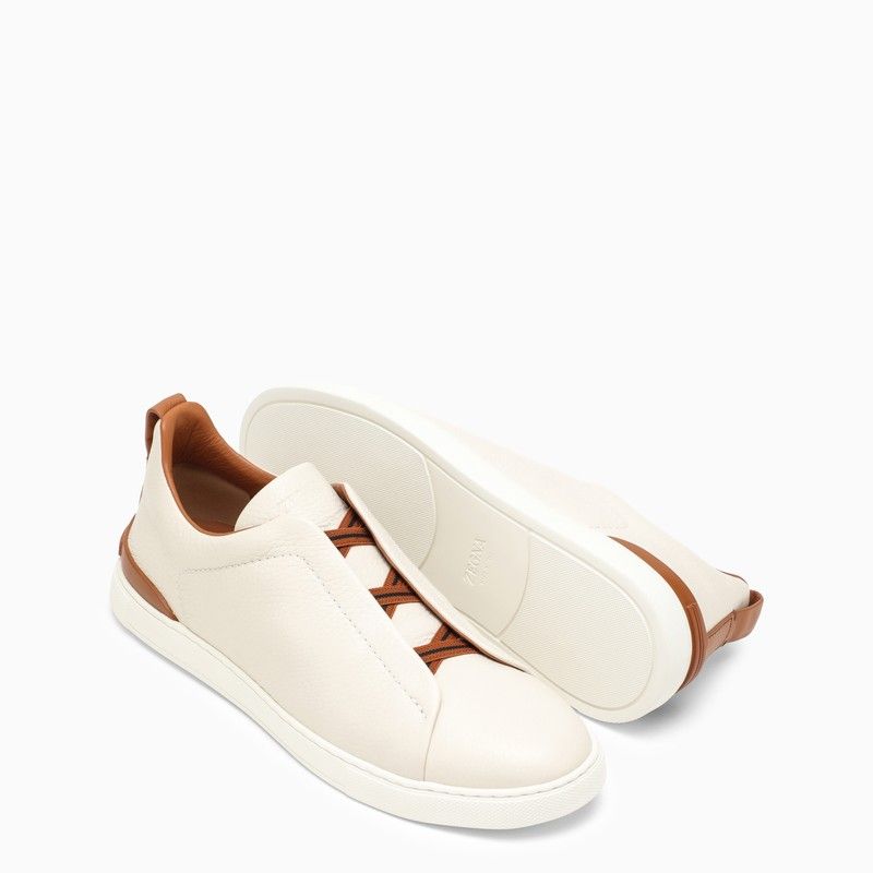 ZEGNA Beige Leather Triple Stitch Low-Top Slip-On Sneakers for Men