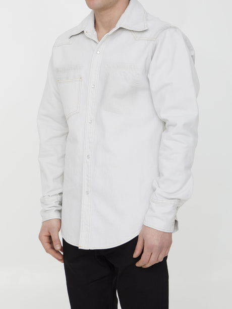 MAISON MARGIELA White Cotton Denim Shirt for Men - Visible Stitching, Pointed Collar, Front Button Closure, Patch Pocket, Curved Hem