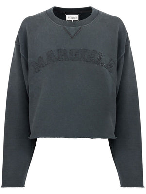 MAISON MARGIELA Cropped Dark Grey Cotton T-Shirt with Frayed Detailing