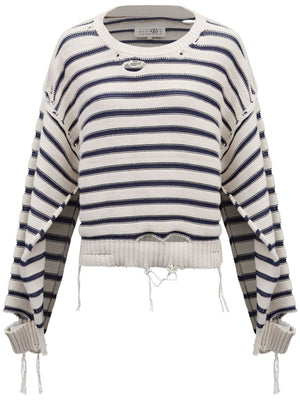 MM6 MAISON MARGIELA Distressed Striped Cotton Crew Neck Sweater