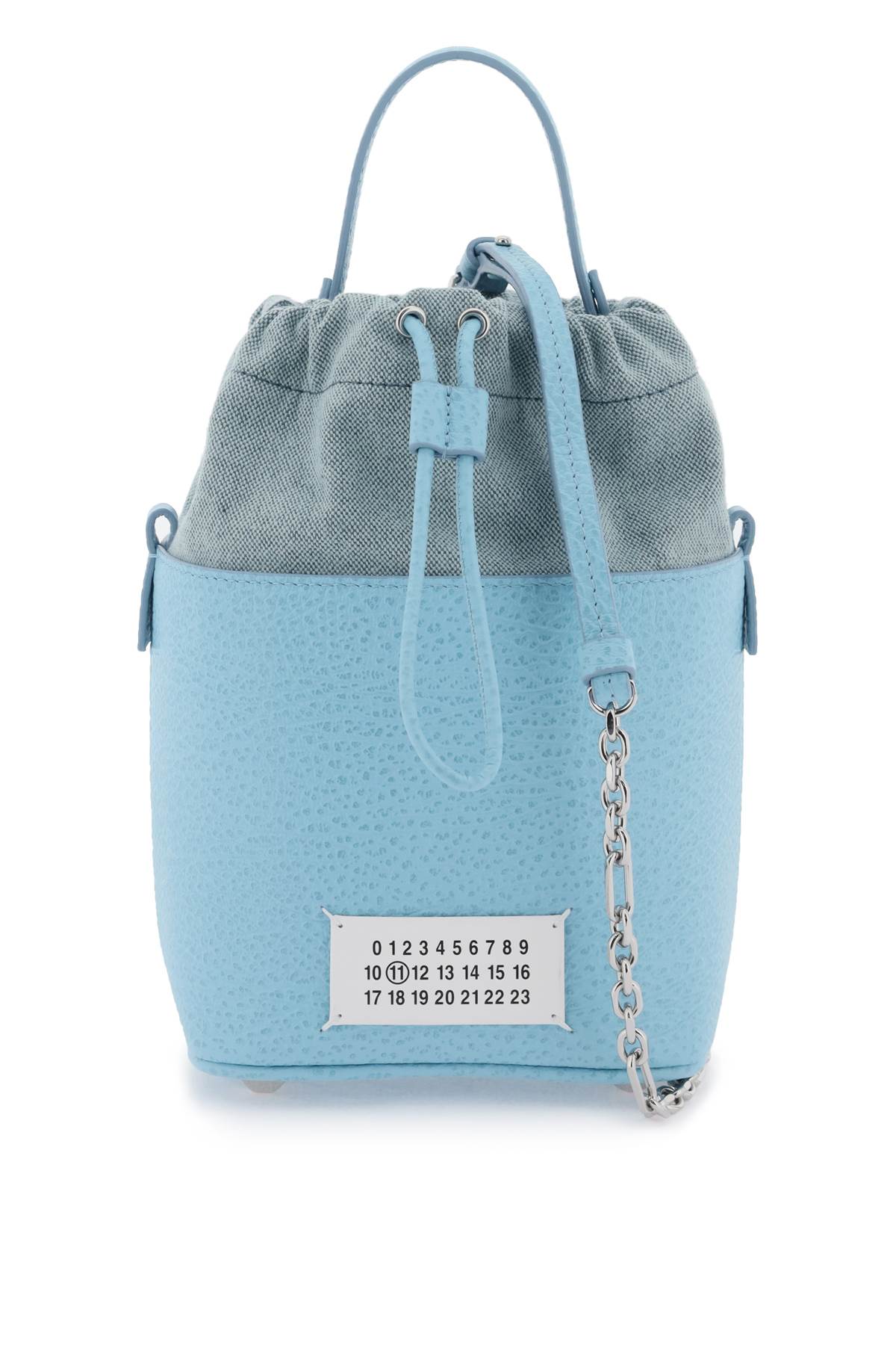 MAISON MARGIELA Mini Bucket Designer Handbag in Hammered Leather with Detachable Strap and White Logo Label - Black
