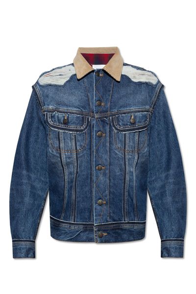 Áo Khoác Denim Phá Hủy Trang Nam với Cổ Lông Vuông và Lót Kẻ