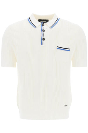 DSQUARED2 Men's Pointelle Knit Polo Shirt with Striped Trim - White