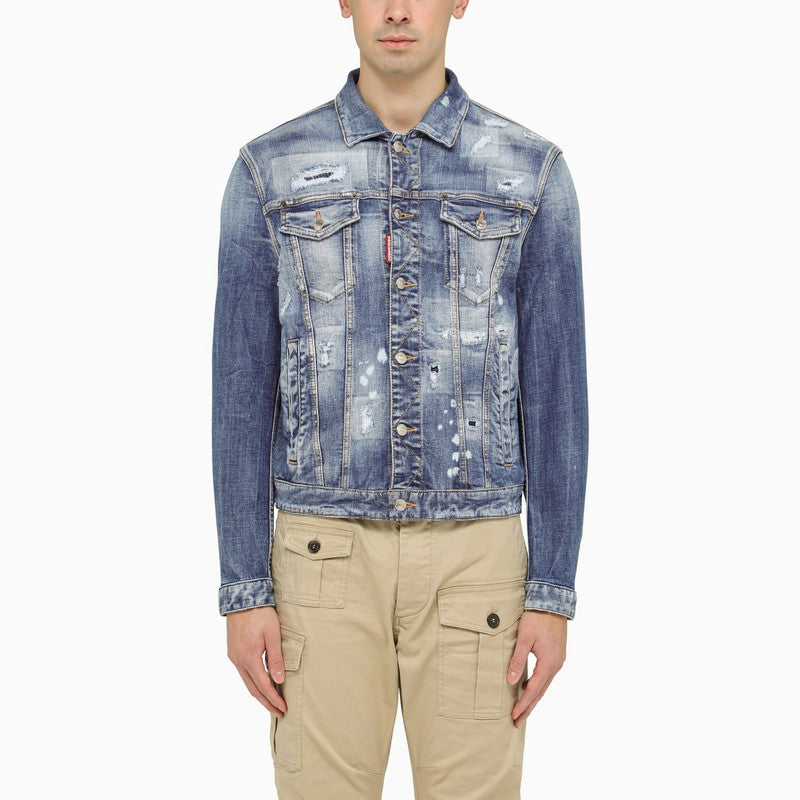 DSQUARED2 Men's Distressed Navy Blue Denim Jacket with Ripped Details