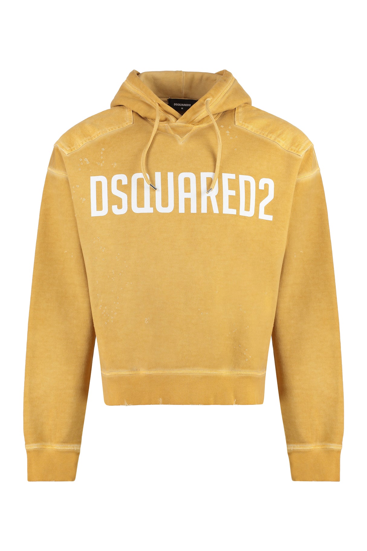 DSQUARED2 Men's Yellow Hoodie - Destroyed Effect + Ribbed Cuffs & Lower Edge