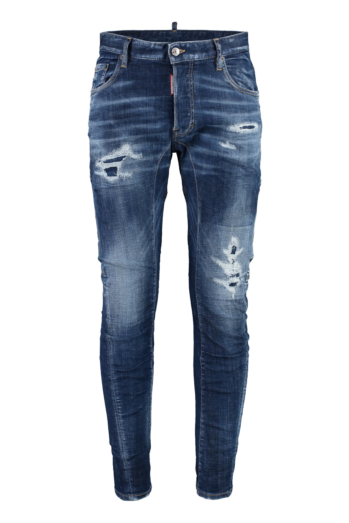 DSQUARED2 Men's Blue Distressed Jeans with Contrast Stitching and Leather Logo Patch