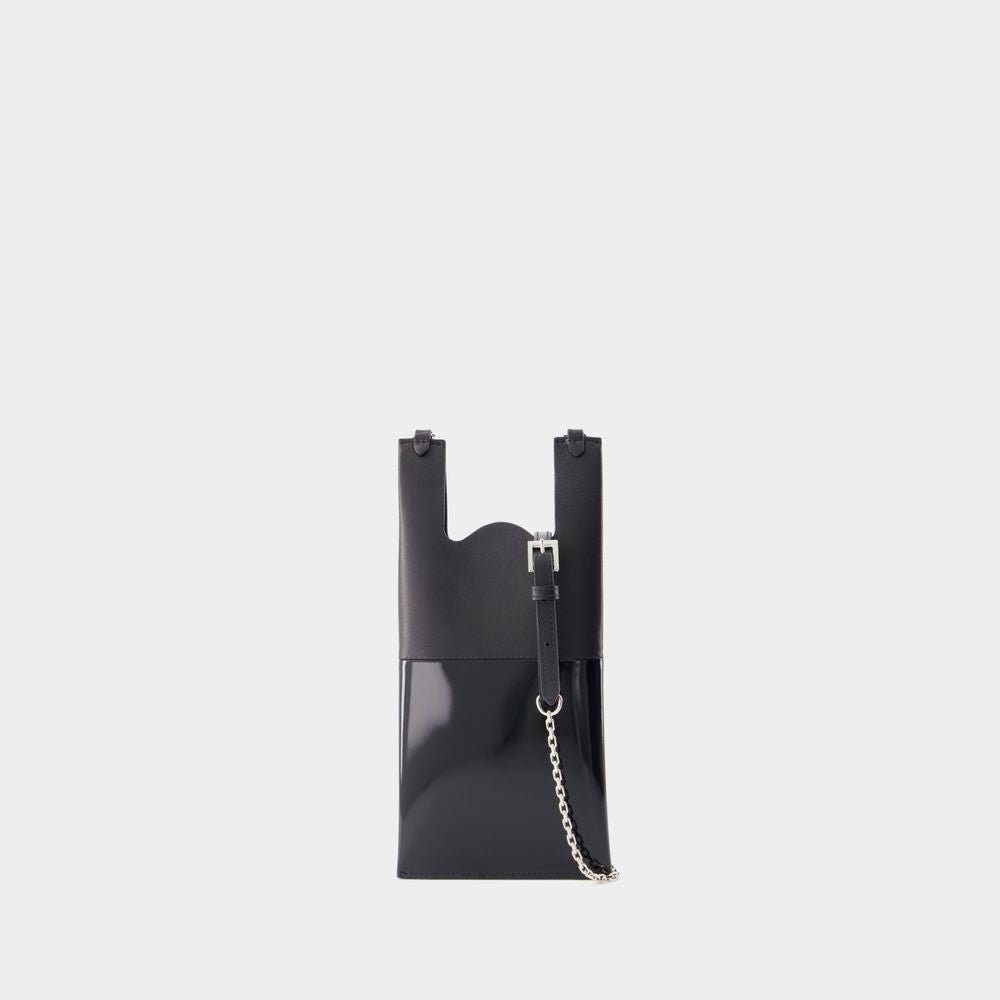 MAISON MARGIELA Versatile Black Leather Neck Pouch with Chain and Detachable Strap - SS24