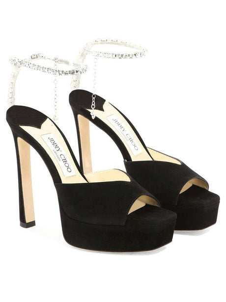 JIMMY CHOO Black Chain Embellished Ankle Strap Sandals for Women