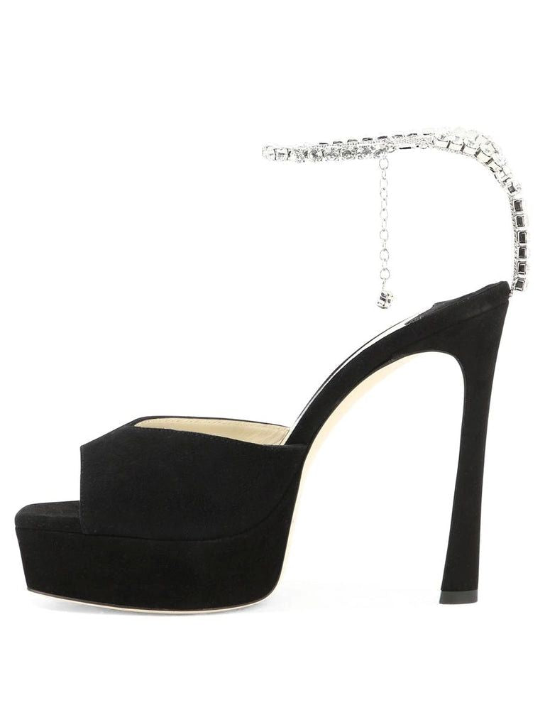 JIMMY CHOO Black Chain Embellished Ankle Strap Sandals for Women