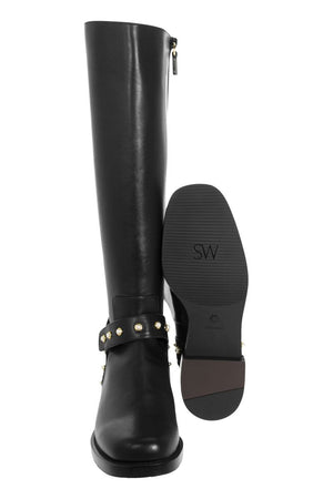 STUART WEITZMAN Black Pearl Moto Biker Boots for Women FW22