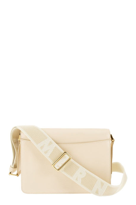 MARNI Elegant White Leather Shoulder Handbag with Adjustable Strap and Gold-Tone Hardware, Medium 22.5x16.5x8.5 cm