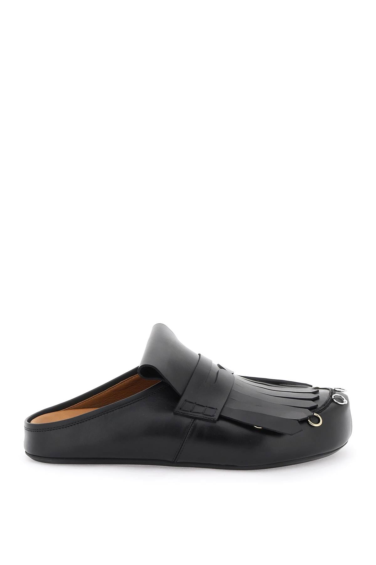 MARNI Men's Black Fringe Sandals with Mixed Metal Piercing