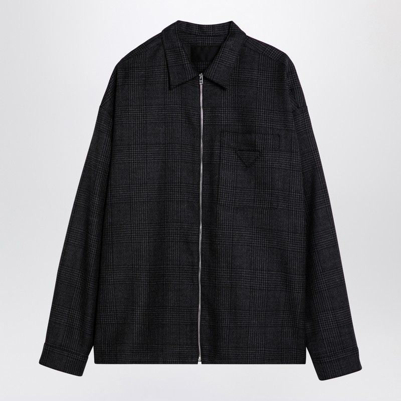 PRADA Men's Zipped Prince of Wales Shirt in Charcoal Grey