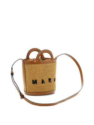 MARNI Mini Straw Tote Handbag with Leather Handles and Adjustable Shoulder Strap in Brown