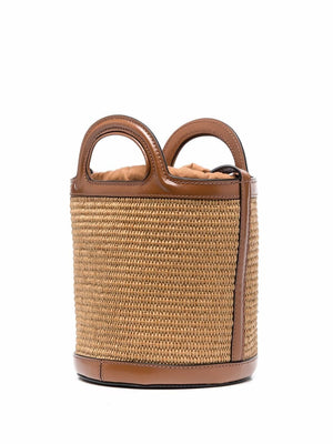 MARNI Mini Straw Tote Handbag with Leather Handles and Adjustable Shoulder Strap in Brown