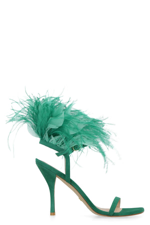 STUART WEITZMAN Green Ostrich Feather Sandals - Stiletto Heel, Square Toeline - 100% Leather