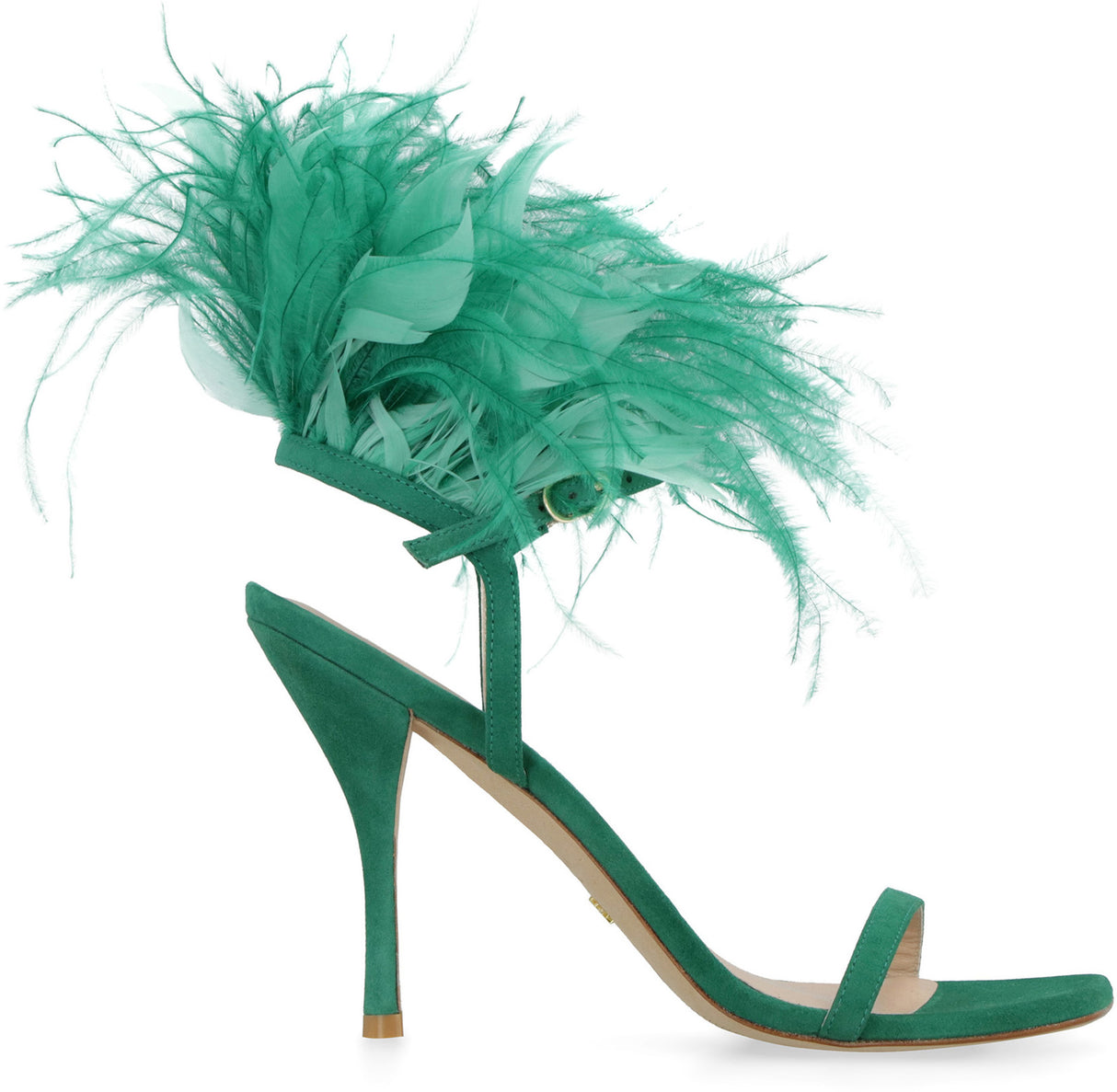 STUART WEITZMAN Green Ostrich Feather Sandals - Stiletto Heel, Square Toeline - 100% Leather