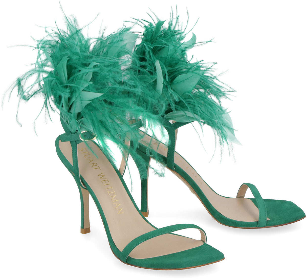 STUART WEITZMAN Green Ostrich Feather Sandals - Stiletto Heel, Square Toeline - 100% Leather