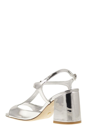 STUART WEITZMAN Gray Mirrored Leather T-Sandal with 85mm Flare Heel and Square Toe