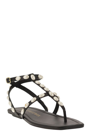 STUART WEITZMAN Elegant Black Pearlita Flat Sandals, Size 5.5B