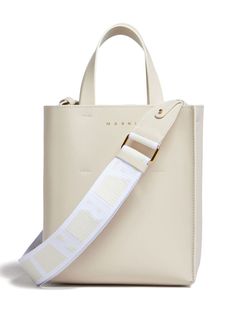 MARNI Mini Museo Ecru White Leather Tote Handbag with Gold-Tone Accents and Adjustable Strap