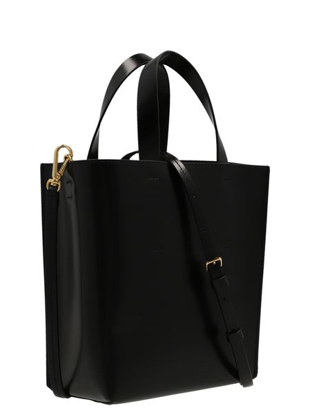 MARNI Mini Museo Black Leather Tote Handbag with Gold-Tone Accents and Removable Pouch