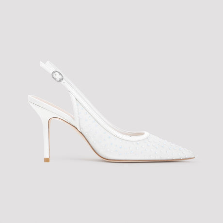 STUART WEITZMAN Emilia White Mesh Slingback Sandals with Leather Heel, 9cm