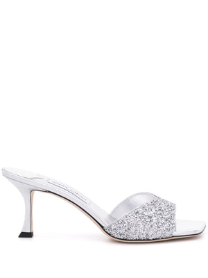 JIMMY CHOO Skye Glittered Leather Sandals with Sculpted Heel 70mm