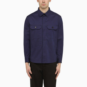 ZEGNA Men's Blue Utility Cotton Shirt with Classic Collar and Chest Pockets