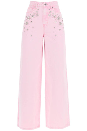 SELF-PORTRAIT High-Waisted Wide Leg Jeans with Crystal Embellishments