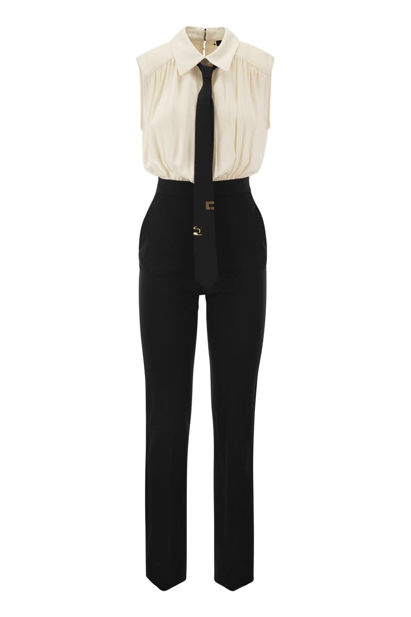 ELISABETTA FRANCHI Stylish Black Viscose and Crepe Combination Suit with Detachable Tie